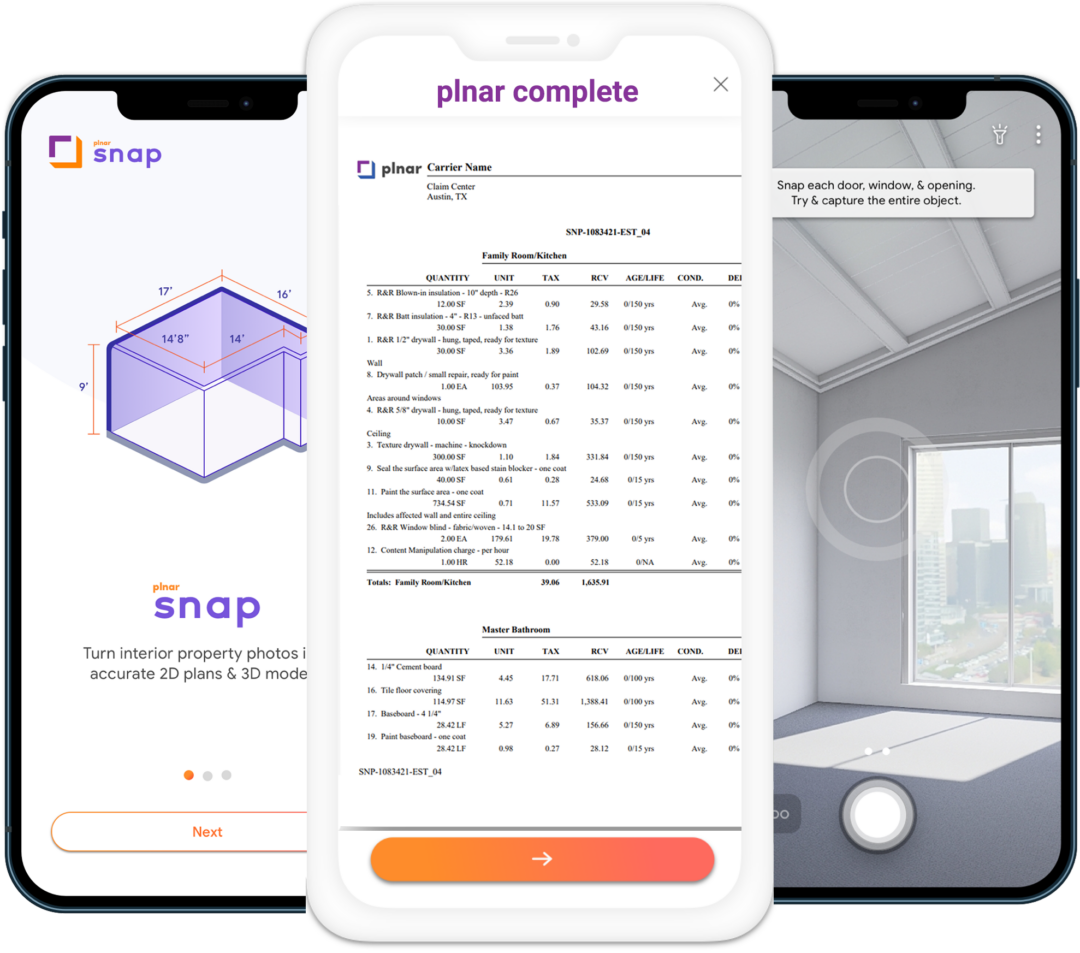 Plnar Snap capture app next to a Plnar Complete estimate on a smartphone