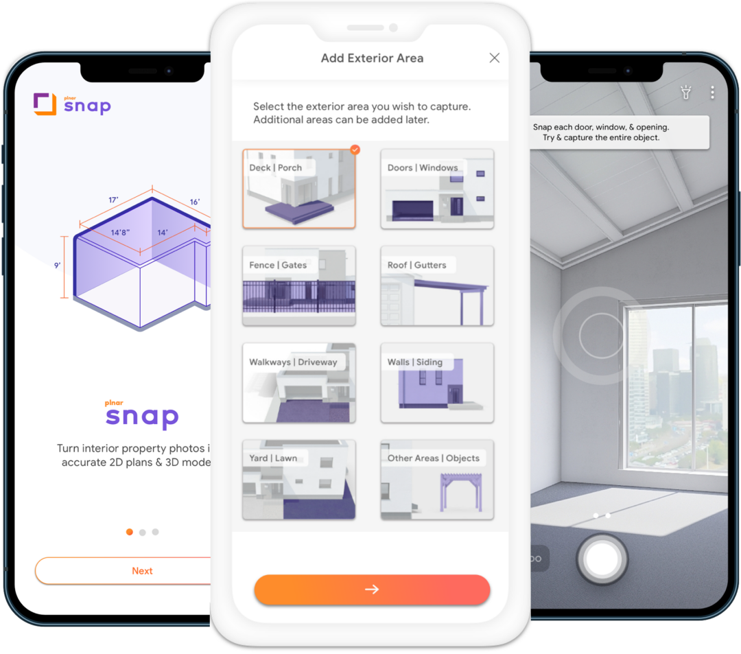 Plnar self-service app on a smartphone, guiding a policyholder through capturing interior and exterior areas