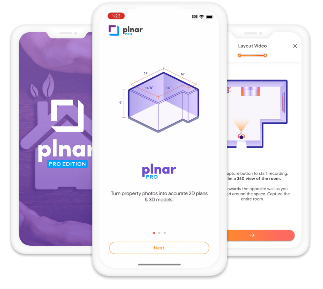 Plnar Pro app on a smartphone showing a 3D room model and floor plan