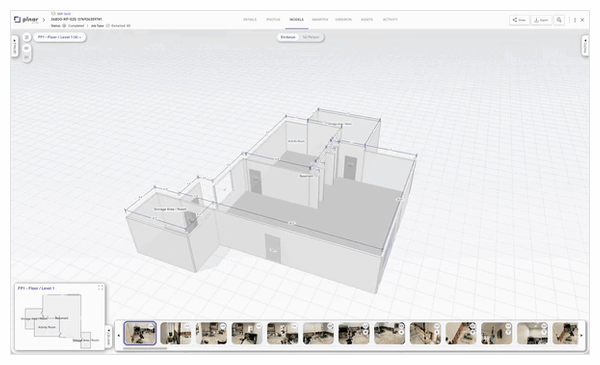 Virtual Walkthrough 3D model demo Animated Virtual Walkthrough in the Plnar portal: navigating a measured 3D model with a floor plan minimap and photo strip